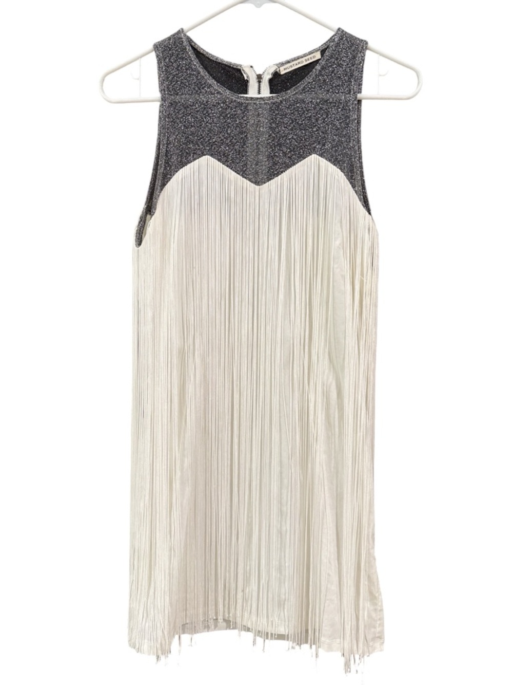 Mustard Seed Fringe Dress Metallic Top‎ Sleeveless Shift Cream L